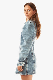 Denim Mini Dress With Frayed Volant