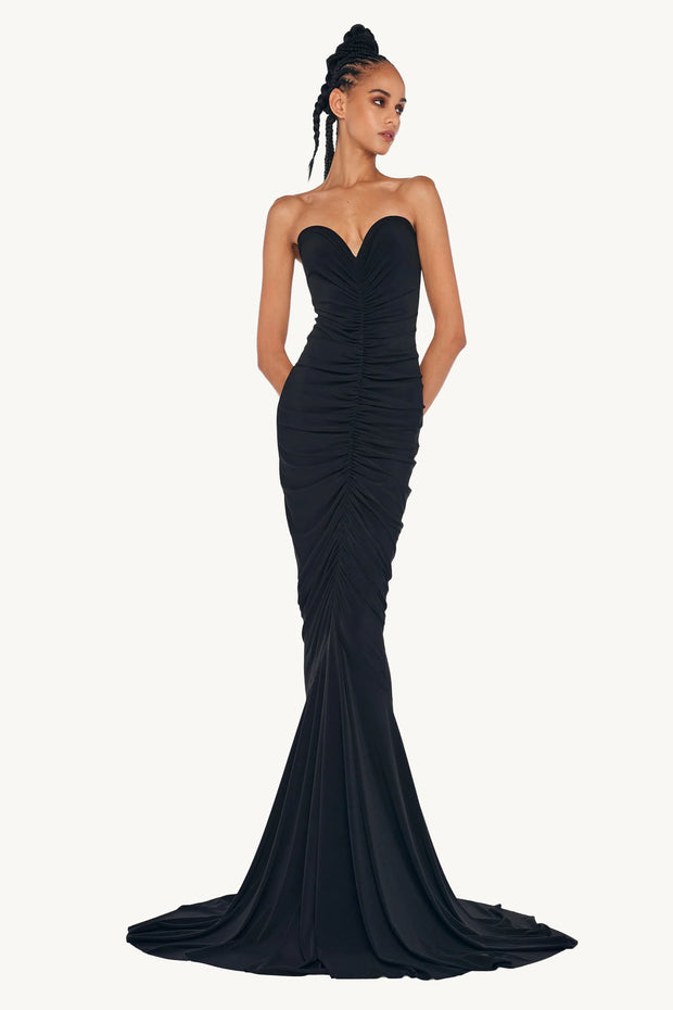 Strapless Shirred Front Fishtail Gown