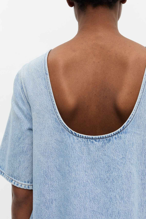 Soft Rigid Denim Open Back Frill Mini Dress