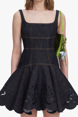 Indigo Denim Bow Embroidered Mini Dress