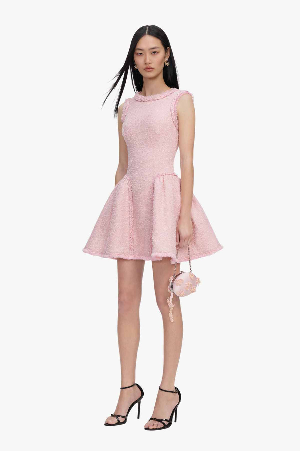Pink Boucle Sleeveless Mini Dress