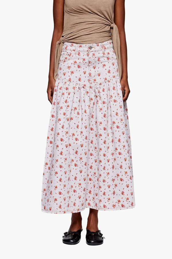 Printed Paint Denim Long Skirt