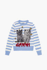 Striped Graphic Wool Mix Cats Crewneck