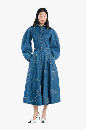 Denim Flower Midi Skirt