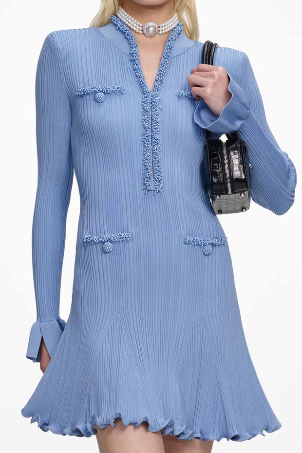 Blue Pearl Trim Knit Mini Dress