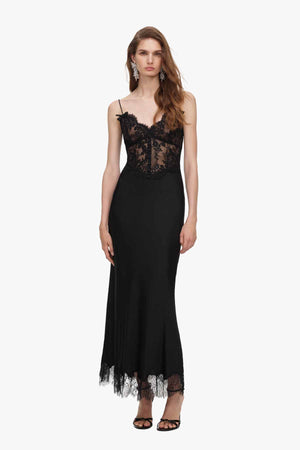 Black Satin Lace Midi Dress