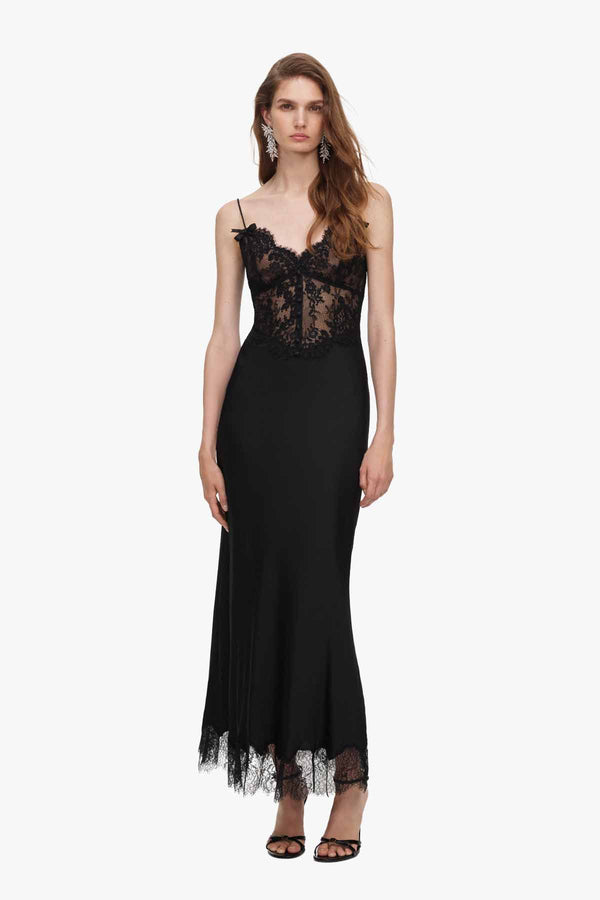 Black Satin Lace Midi Dress