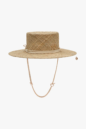 Monogram Embellished Chain Strap Boater Hat
