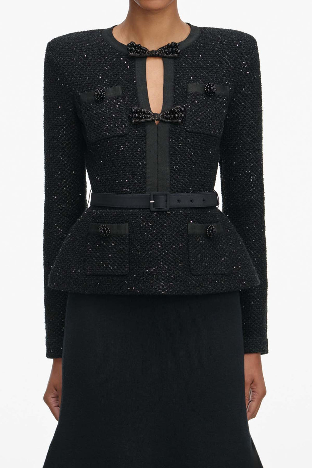 Black Sequin Knit Tailored Midi Dress