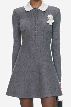Grey crochet flower collared knit mini dress