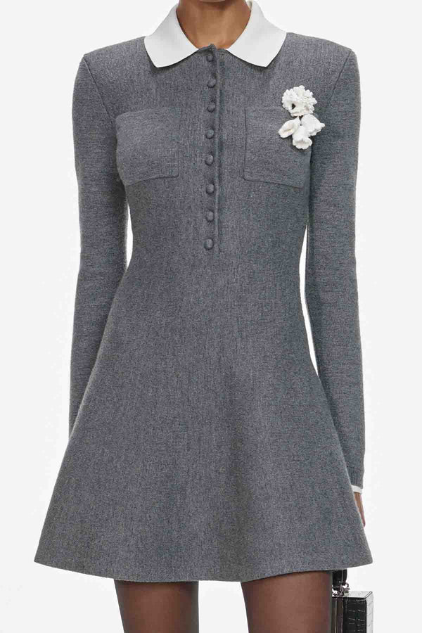Grey crochet flower collared knit mini dress