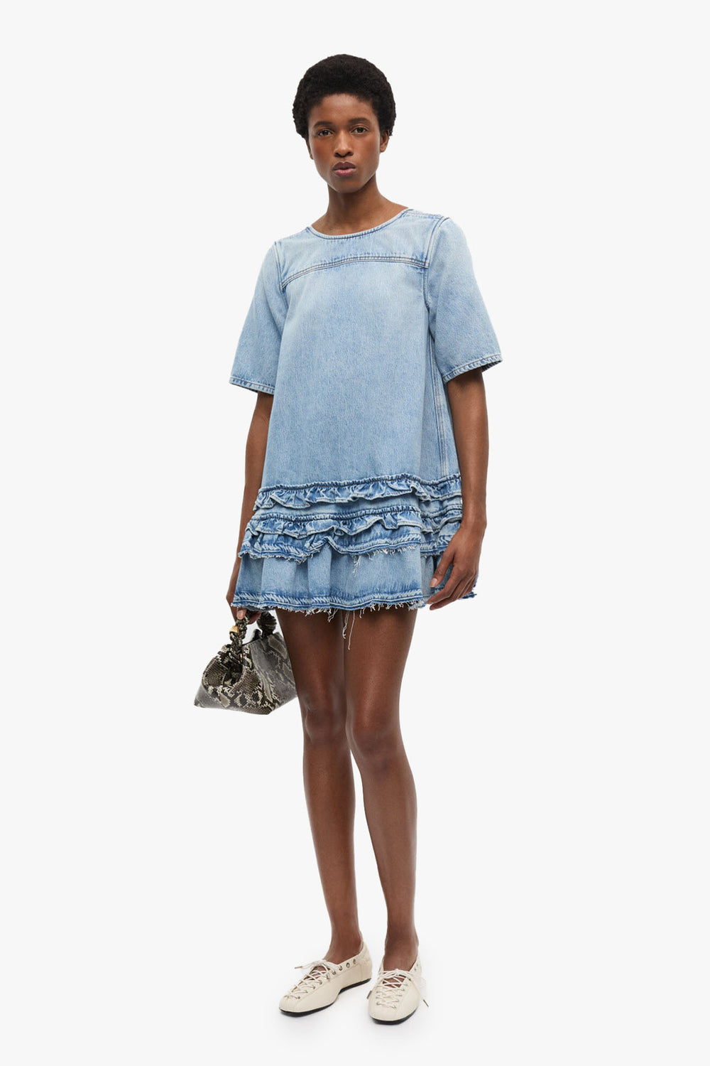 Soft Rigid Denim Open Back Frill Mini Dress