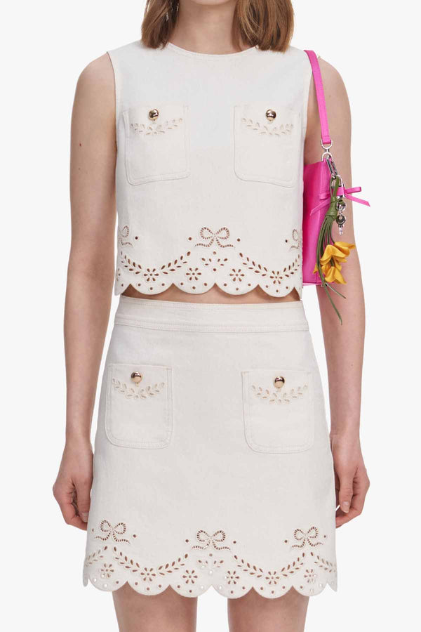 Cream Broderie Denim Mini Skirt