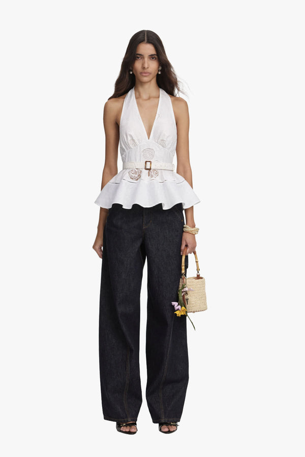 White Linen Blend Peplum Top