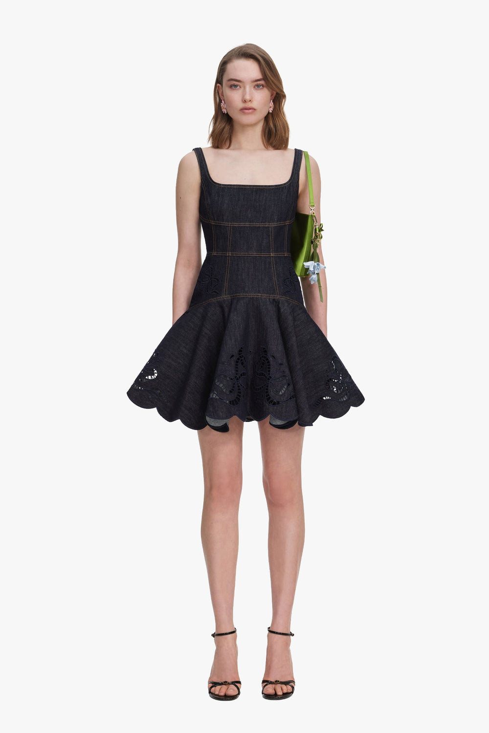 Indigo Denim Bow Embroidered Mini Dress