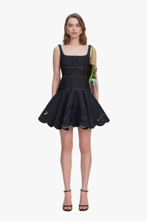 Indigo Denim Bow Embroidered Mini Dress