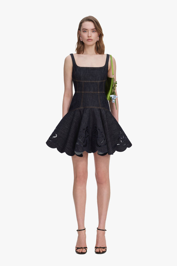 Indigo Denim Bow Embroidered Mini Dress