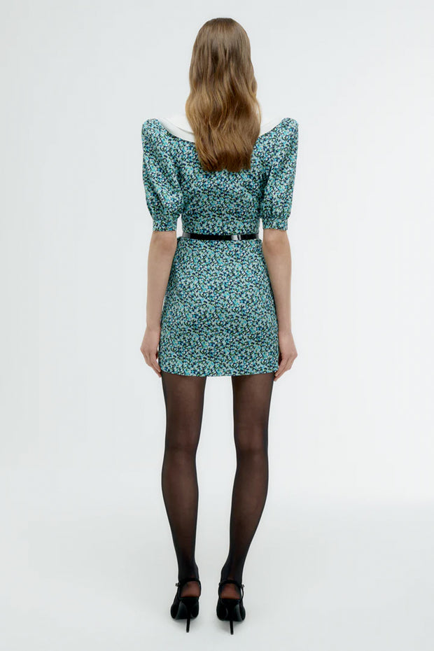 Floral Print Silk Mini Dress Volant Collar