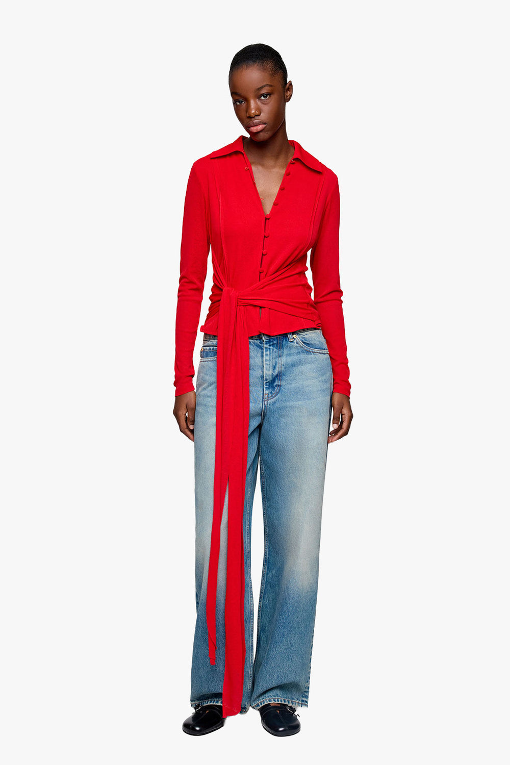 Marl Mesh Longsleeve Tie Blouse