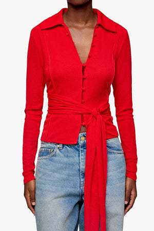 Marl Mesh Longsleeve Tie Blouse