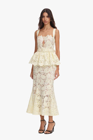 Yellow Lace Peplum Midi Dress