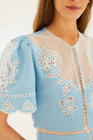 Light Blue Embroidery Short Sleeve Midi Dress