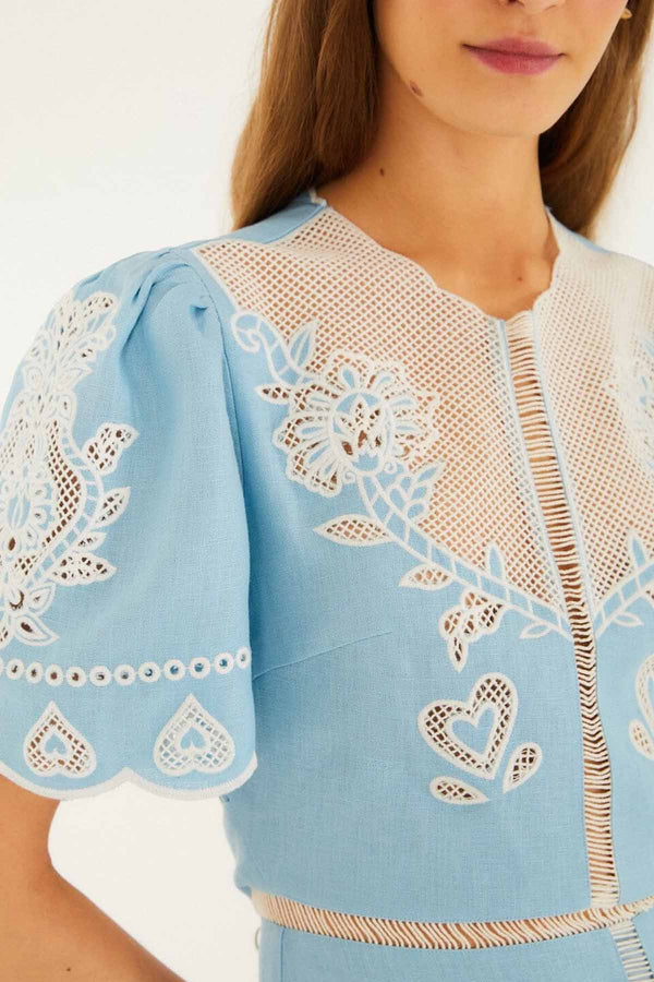 Light Blue Embroidery Short Sleeve Midi Dress
