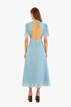 Light Blue Embroidery Short Sleeve Midi Dress