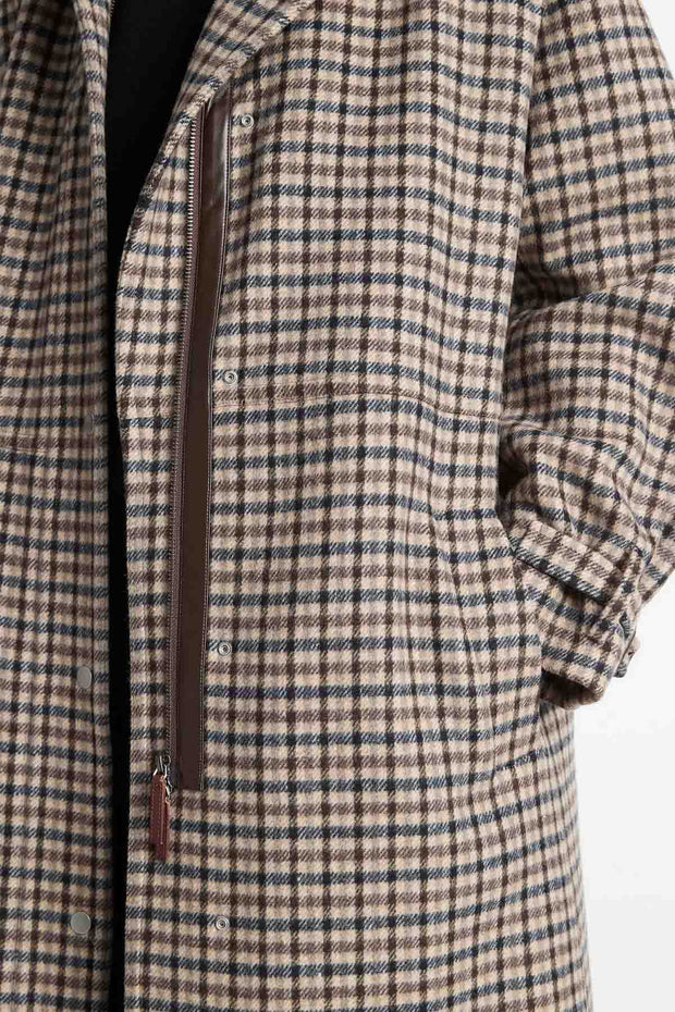 Plaid Car Coat With Faux Leather Trim