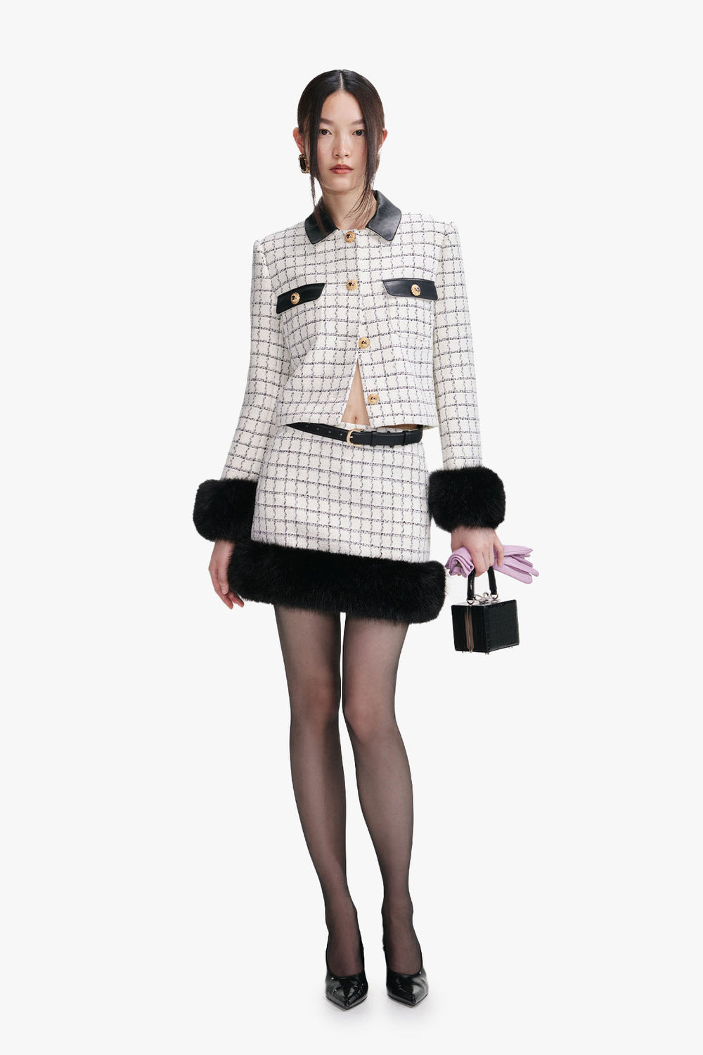 Check boucle fur cuff jacket