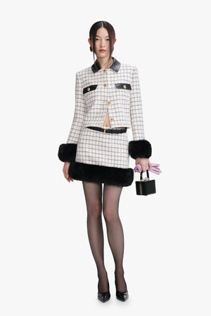 Check boucle fur cuff jacket