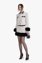 Check boucle fur hem mini skirt
