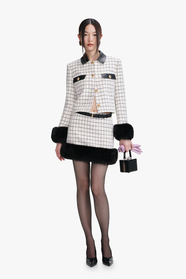 Check boucle fur hem mini skirt