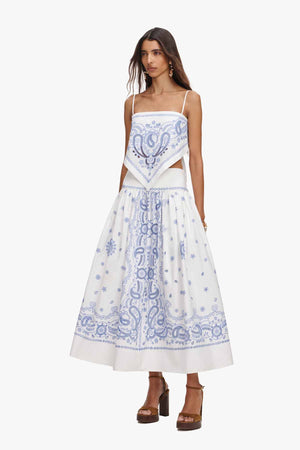 White And Blue Embroidered Midi Skirt