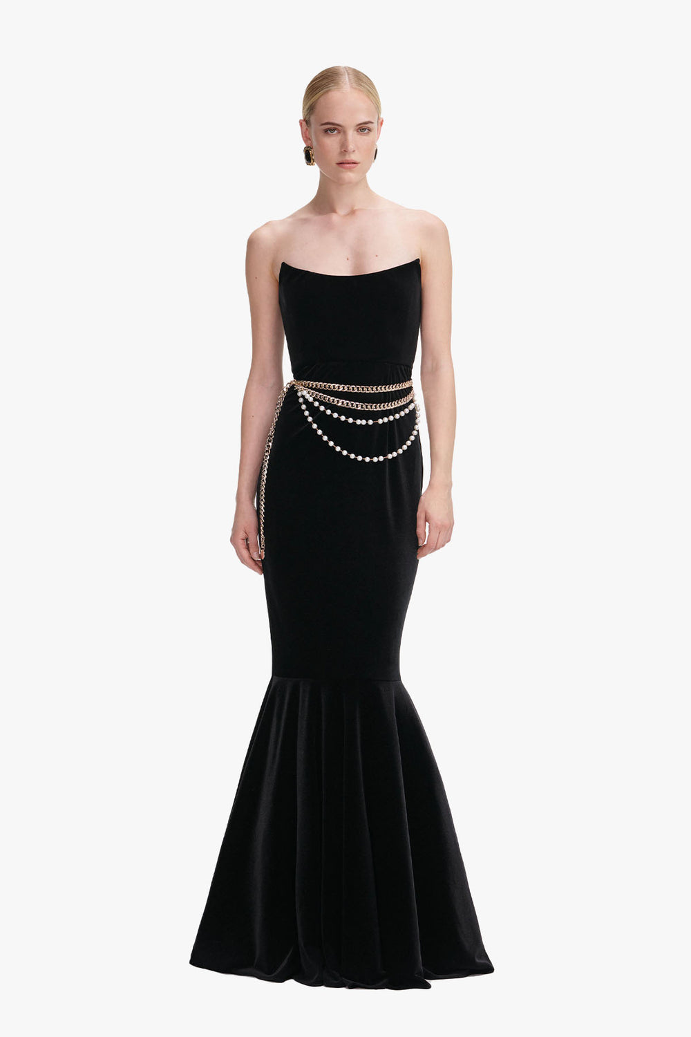 Velvet chain belt maxi dress