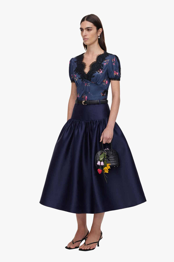 Navy Taffeta Midi Skirt