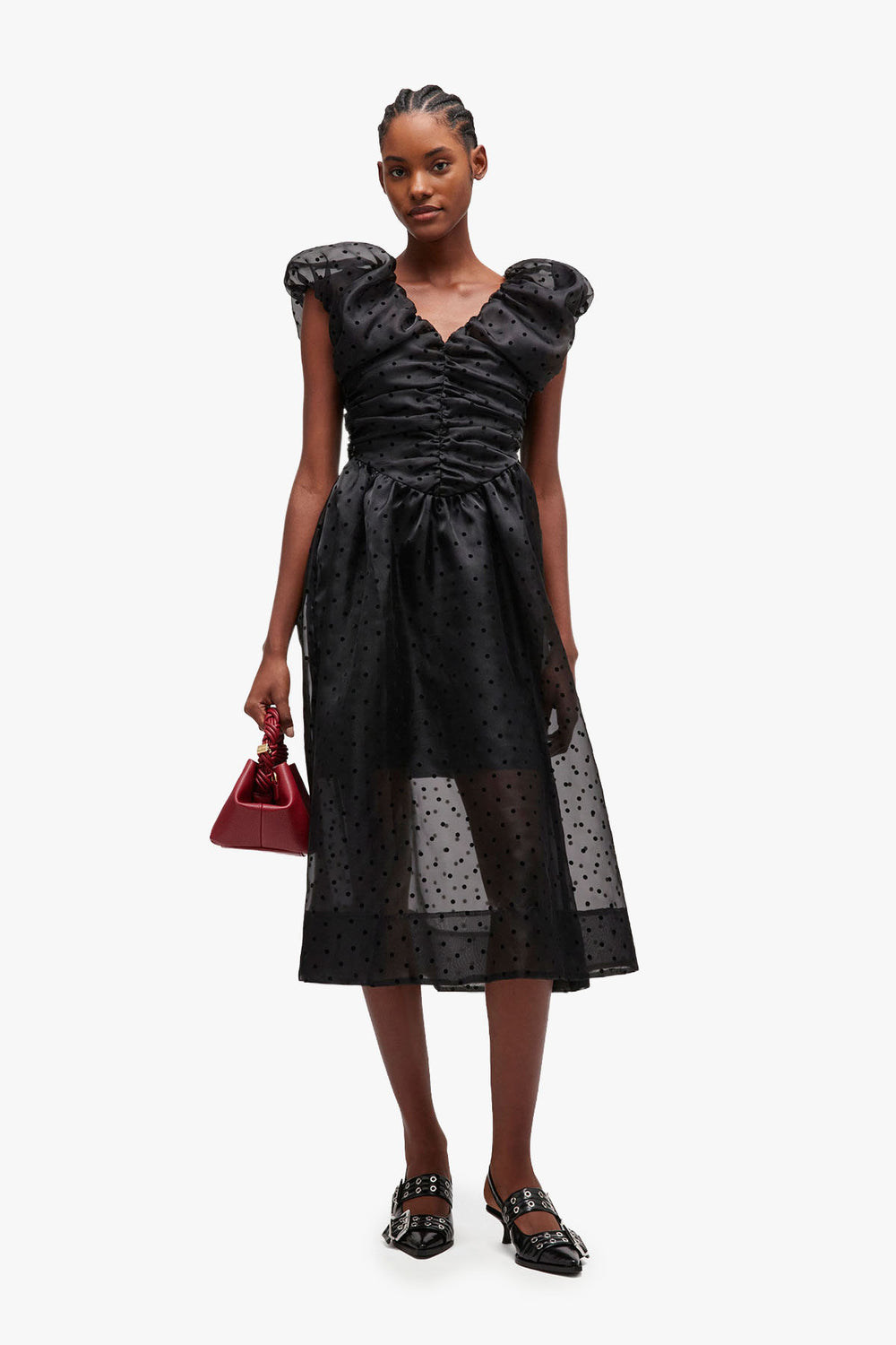 Flocked Organza Long Ruched Dress