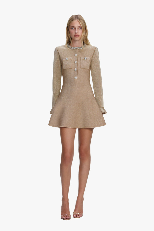 Gold Crystal Trim Knit Mini Dress