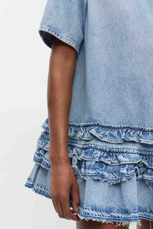 Soft Rigid Denim Open Back Frill Mini Dress