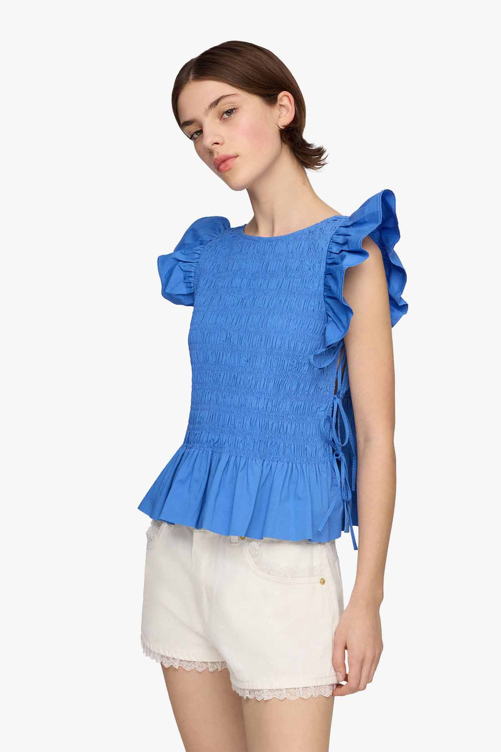Stretch Cotton Angel Sleeve Smocked Top