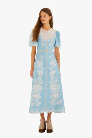 Light Blue Embroidery Short Sleeve Midi Dress