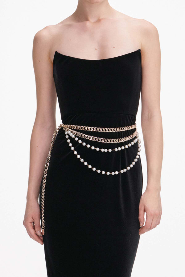 Velvet chain belt maxi dress