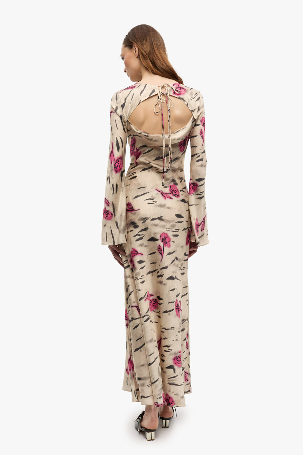 Printed Stretch Satin Long Sleeve Maxi Dress