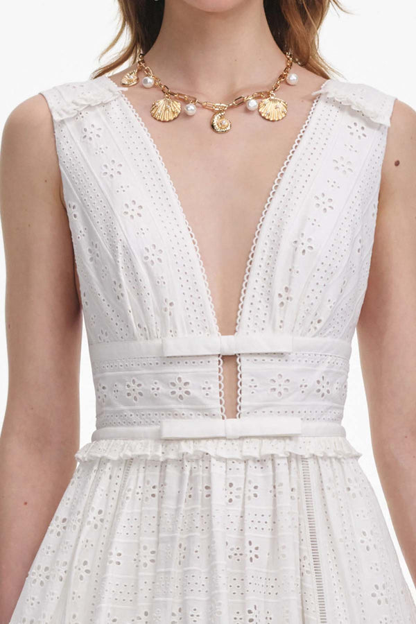 White Cotton Embroidery Midi Dress