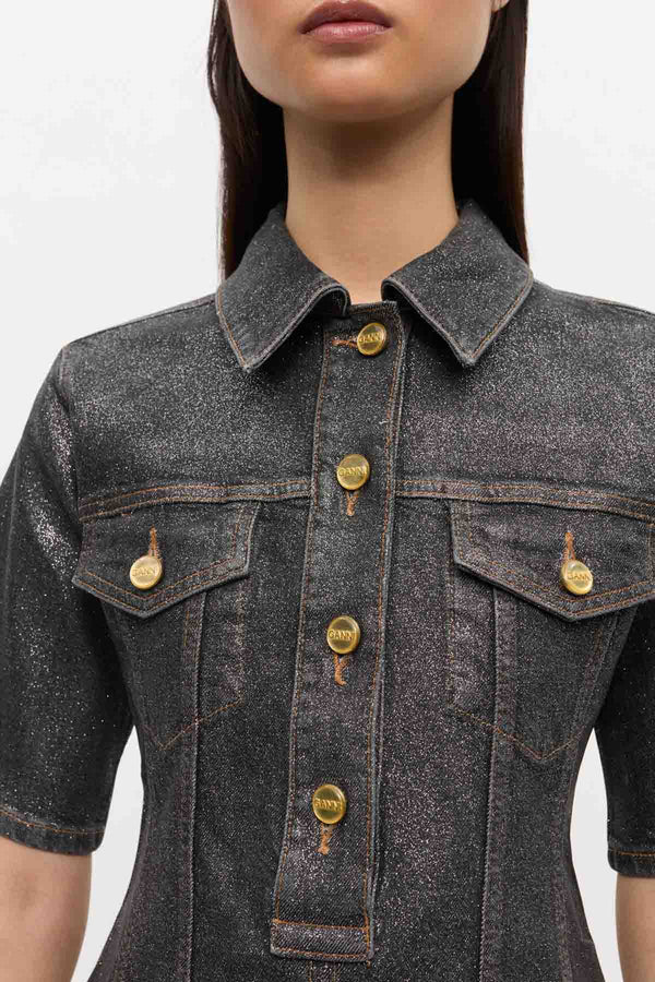 Shimmery Foil Denim Fitted Mini Dress