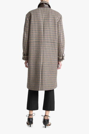 Plaid Car Coat With Faux Leather Trim