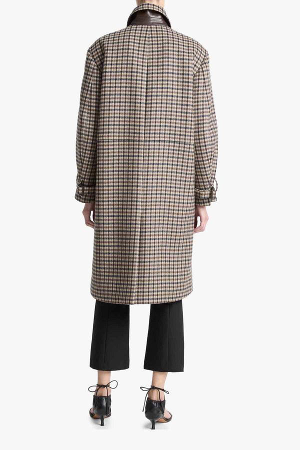 Plaid Car Coat With Faux Leather Trim