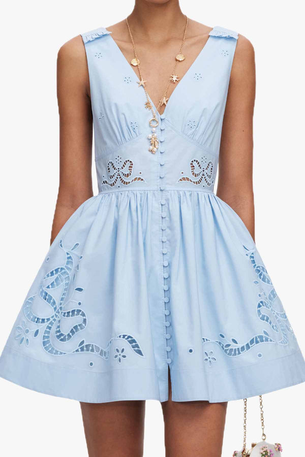 Blue Cotton Embroidered Mini Dress