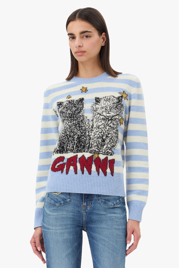 Striped Graphic Wool Mix Cats Crewneck