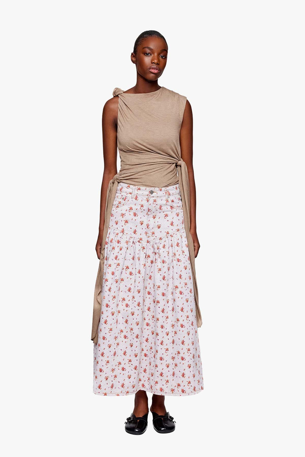 Printed Paint Denim Long Skirt